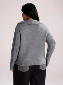 Rustia Plus Size Women Ribbed Texture Polo Collar Long Sleeve Pullover Sweater, Autumn/Winter Back To School Season - Grey - View 3