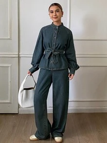 DAZY Women's Raglan Long Sleeve Single-Breasted Denim Shirt And Denim Jeans Casual Set Fall - Blue - View 2