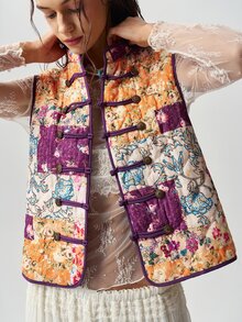 Bohemela Women's Floral Print Frog Button Design Casual Vest Jacket - Multicolor - View 1