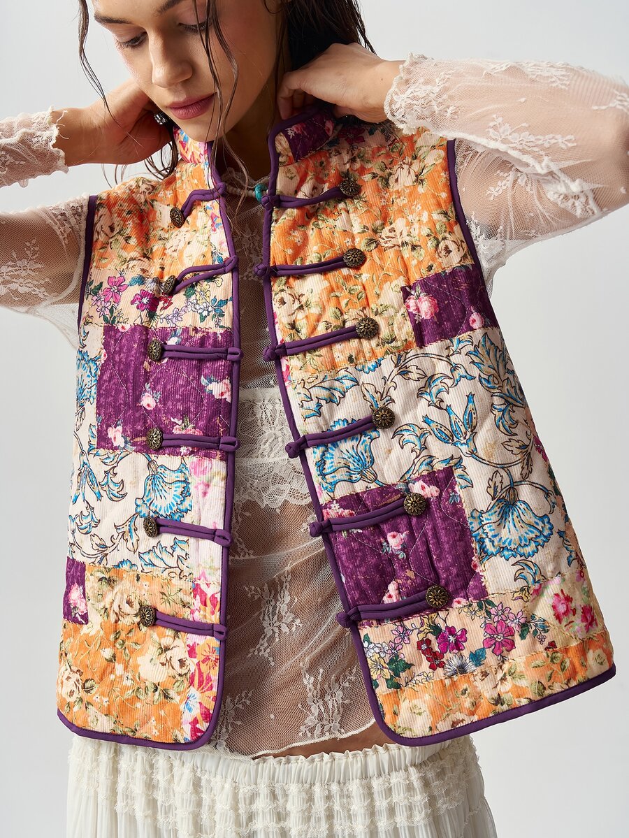 Bohemela Women's Floral Print Frog Button Design Casual Vest Jacket - Multicolor - View 1