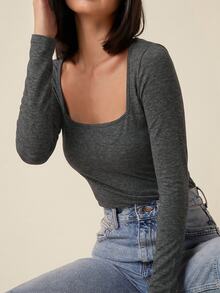 SHEIN BASICS 女款休閒純色方領修身短袖上衣 炭灰色 日常秋季穿搭 - 深灰色 - 查看 4