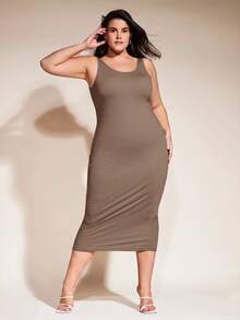 SHEIN BASICS 大尺碼純色修身休閒晚餐約會洋裝 夏季女款優雅連身裙 - 巧克力棕 - 查看 2