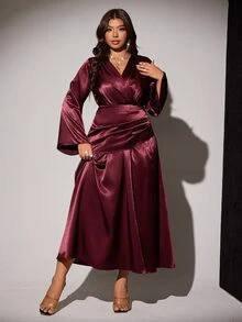 Viva Relle Plus Size Burgundy Satin V-Neck Fitted Ruched Waist Flared Long Sleeve Draped Asymmetrical Hem Evening Dress Fall - Burgundy - View 7