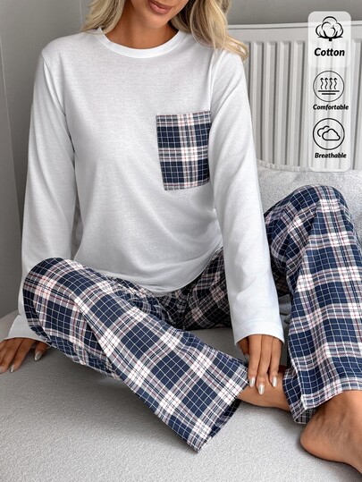 SHEIN Cottnline Conjunto de Pijama Casual Feminino em Algodão, 2 Peças, T-shirt de Dormir com Detalhe de Bolso em Contraste + Calças de Dormir Compridas com Padrão Xadrez