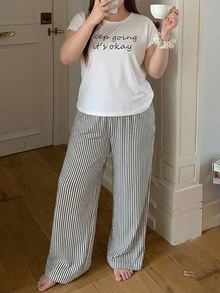 Dazy Plus 2pcs/Set English Graphic Short Sleeve T-Shirt & Striped Straight Leg Long Pajama Pants, Summer Wear Sleepwear Set - White - View 4