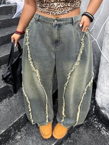 Jeanoix Celana Jeans Denim Ukuran Besar Pinggang Tinggi Longgar Kaki Lebar dengan Desain Jahitan Tepi Kasar Bergaya Subkultur Y2K Vintage - Light Wash - View 5