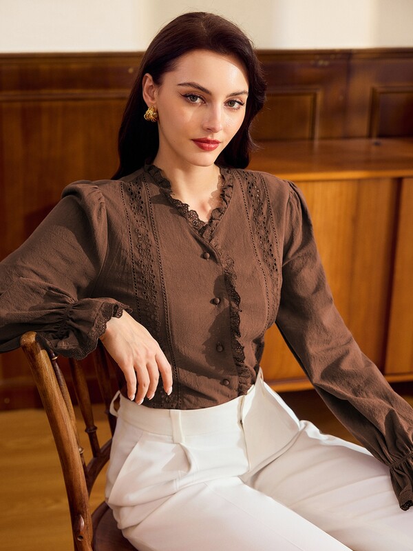 Vintamour Vintage Classic Elegant Women's Blouse, Autumn/Winter Loose Fit Lace Patchwork Long Sleeve Shirt, Coffee Brown