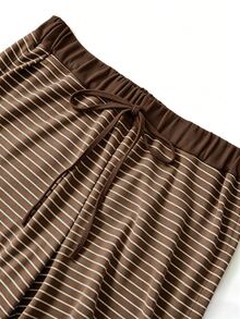 SHEIN CURVE+ Knitted Solid Color Front Button Cardigan With Striped Trim, Slim Fit Camisole With Drawstring Detail, Elegant Casual Commute Daily Outing Long Pants Plus Size 2-Piece Set - Coffee Brown - View 3