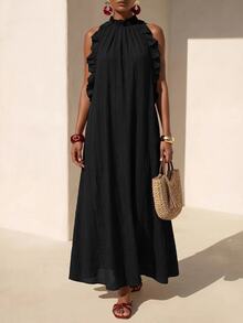 Zivah Women's Solid Color Patchwork Ruffle Halter Neck Dress For Vacation - Black - View 1