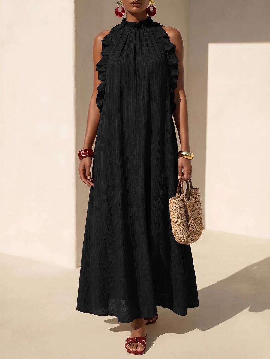 Zivah Women's Solid Color Patchwork Ruffle Halter Neck Dress For Vacation - Black - View 1