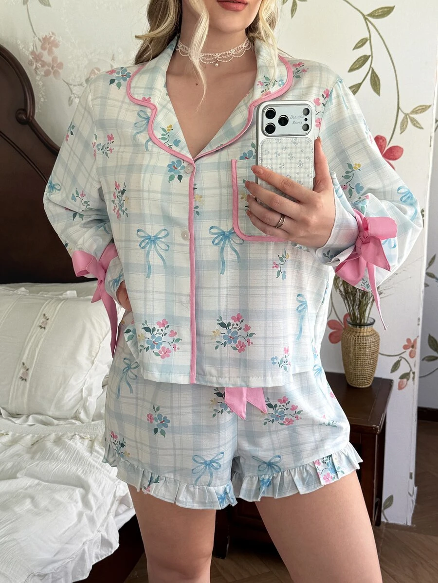 CottageSlumber Romantic Pastoral Floral Leaf Heart Stripe Print Lapel Button-Front Contrast Trim Bow Design Plus Size Women's Pajama Set - Multicolor - View 1
