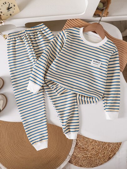 Young Boy Patch Long Sleeve Top And Striped Jogger Pants Pajama Set