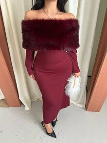 GalTyme Plus Size Women's Plush Patchwork Elegant Waist-Cinching Party Dress Fall - Burgundy - View 7