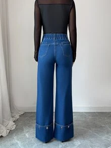 Elenzga Celana Jeans Denim Wanita Model Lebar, Longgar, Kasual, Serbaguna dengan Kantong - Dark Wash - View 2