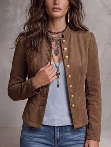 Solivie Women's Solid Color Casual Versatile Daily Long Sleeve Jacket - Coffee Brown - View 11