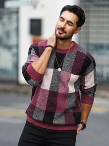 Manfinity Mode Men's Casual Plaid Sweater, Autumn/Winter - Red Violet - View 4