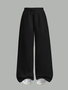 SHEIN Teen Girl Teen Girls Black Knit Drawstring Loose Casual Long Winter Pants - Black - View 7