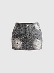 ROMWE Grunge Punk Music Festival Outfit Ultra Low Waist Mini Plus Size Women's Denim Skirt - Multicolor - View 5