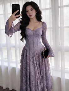 Feyla 女款優雅純色蕾絲洋裝 - 紫色 - 查看 5