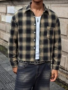 RivetRise 男士格紋口袋單排扣休閒襯衫 - 棕色 - 查看 3