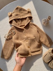 SHEIN 嬰兒男孩女孩通用 素色百搭舒適連帽長袖開襟針織外套 秋冬適用 - 卡其色 - 查看 5