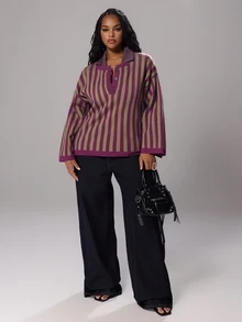 Rustia Sweater Pullover Kasual Longgar Lengan Panjang Bergaris Model Bahu Jatuh untuk Wanita Ukuran Besar Musim Dingin - Krem - View 6