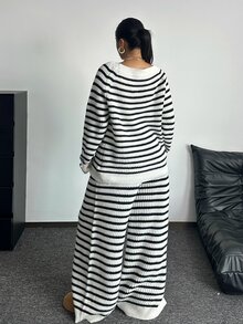 POPSWAY طقم كنزة صوفية مخططة وبنطلون مقاس كبير للنساء، خريف/شتاء - أبيض وأسود - مشاهدة 2