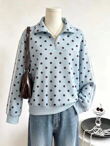 SHEIN 青少年女孩波點印花半拉鍊長袖休閒衛衣 - 藍色 - 查看 3