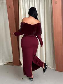 GalTyme Plus Size Women's Plush Patchwork Elegant Waist-Cinching Party Dress Fall - Burgundy - View 2