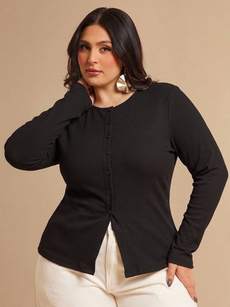 SHEIN BAE Casual Black Front Button Long Sleeve Plus Size T-Shirt - Black - View 3