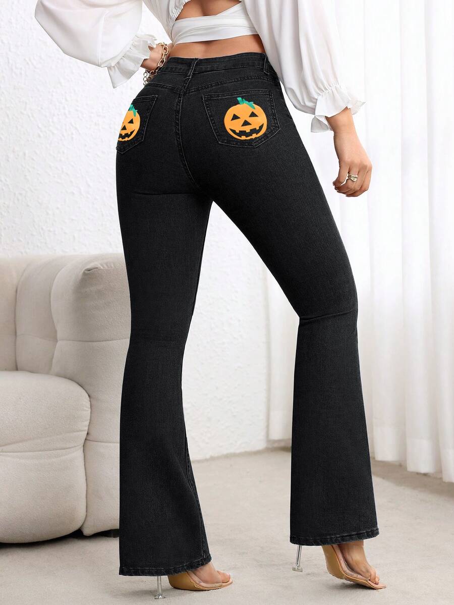 SHEIN ICON 女款南瓜圖案休閒喇叭腿牛仔褲 - 黑色 - 查看 1