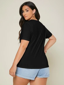 SHEIN BASICS 大尺碼純色圓領T恤夏季上衣 - 黑色 - 查看 2