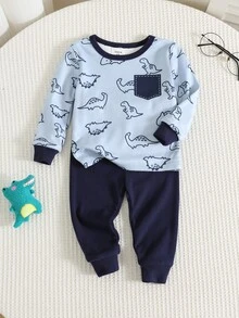SHEIN 男嬰幼兒 2件組秋冬休閒可愛恐龍圖案海軍藍居家服貼身套裝，睡衣套裝，嬰兒睡衣，貼身，聖誕節 - 藏蓝色 - 查看 4