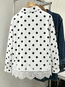 GlowEve CURVE Elegant Fashionable Versatile Collared Polka Dot Lace Patchwork Hem Blouse - White - View 2