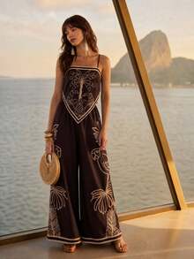 CAJUNI Chic Vacation Tropical Rope Top And Pants Coord - Brown - View 3