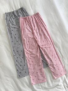Napfluff 2pcs Women's Minimalist Fashion Striped Bow Print Waistband Elastic Waist Straight Leg Long Pajama Pants 2-Piece Set - Multicolor - View 2