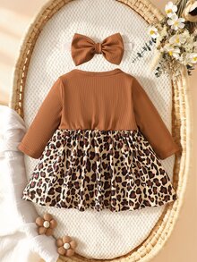 SHEIN Playful Pals 女童豹紋荷葉邊蝴蝶結前襟長袖兩件式套裝，假兩件式羅紋針織可愛秋季穿搭 - 彩色 - 查看 3