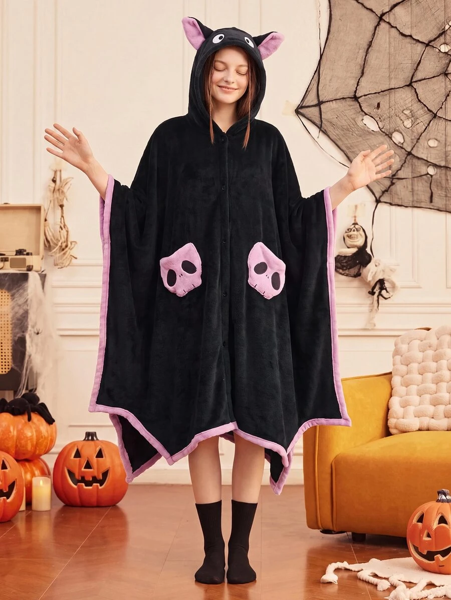 SHEIN Halloween Women's Cute Little Devil Cartoon Patchwork Flannel Hooded Cape, Home Slouchy Shawl Nap Blanket - Multicolor - View 1