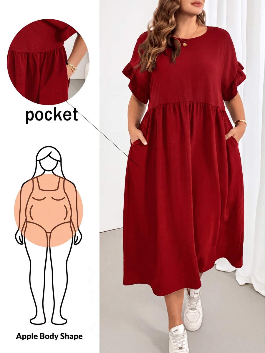 Shapeblank Plus Size Women's Solid Color Pleated Casual Daily Summer Dress - Red - View 1