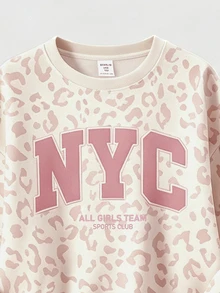 SHEIN 粉色時尚運動風拼色 NYC 字母印花，青少年女孩休閒柔軟舒適寬鬆圓領套頭衛衣與寬腿褲套裝，適合秋冬日常、街頭、新風格、時髦女孩、校園時尚返校 - 白色 - 查看 6