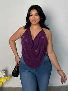 Firerie Plus Size Women's Rhinestone Decorated Fashion Versatile Daily Wear Halter Neck Top - Red Violet - View 8