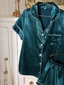 LuxeNights 女款純色前開扣貼袋飾邊短袖短褲睡衣套裝家居服 - 墨綠色 - 查看 5