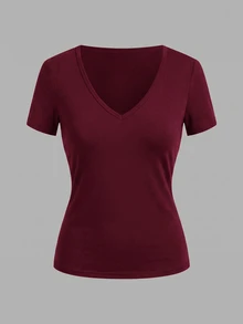 SHEIN EZwear 3件組女款純色V領短袖休閒T恤 - 彩色 - 查看 4