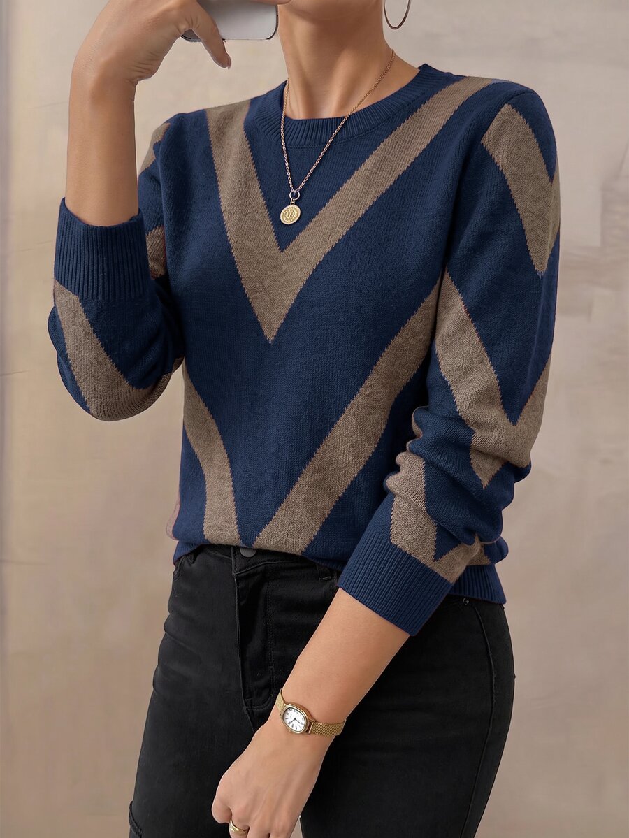 SHEIN PariChic 女款秋冬拼色圓領長袖休閒毛衣 - 彩色 - 查看 1