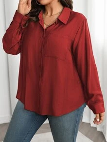 Vionelle Plus Size Solid Color Pocket Single-Breasted Long Sleeve Shirt - Burgundy - View 5