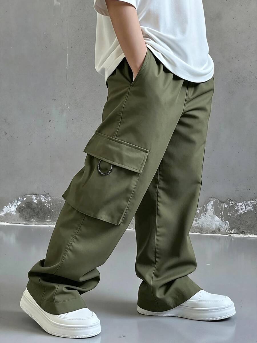 SHEIN Little Byeori 兒童青少年男孩休閒日常舒適工裝直筒寬鬆長褲,軍綠色工裝褲,新年,6-7歲適用,適合外出、約會、上學,春、夏、秋、冬 - 軍綠色 - 查看 1