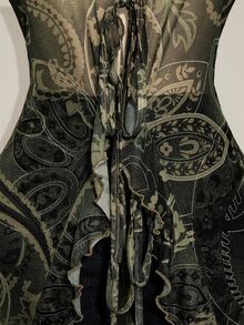 SHEIN ICON 女款大尺碼佩斯利印花前綁帶喇叭袖上衣 - 軍綠色 - 查看 7