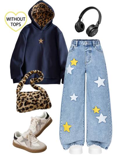 SHEIN Tween Girls Vintage Light Blue Washed Straight Wide Leg Jeans, High Waist Elastic Waist Design With Yellow & White Dual-Color Star 3D Embroidery, Loose Comfortable Fit, Button Fly, Soft Fabric, Suitable For Daily School Wear, Weekend Outings, Playdates, Holiday Trips, Can Be Paired With T-Shirts, Sweaters To Create A Vibrant Casual Look