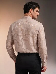 ZURIURI Men's Luxury Minimalist Floral Cut Button Half-Placket Shirt - Apricot - View 2