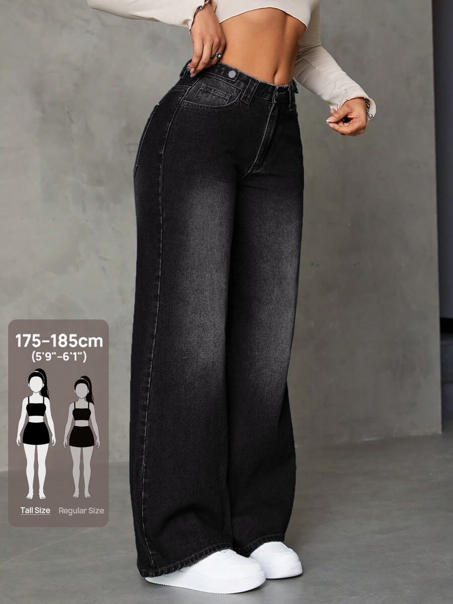 SHEIN Tall 女款 TALL 寬腿水洗牛仔褲,附寬腰帶環 - 黑色 - 查看 1